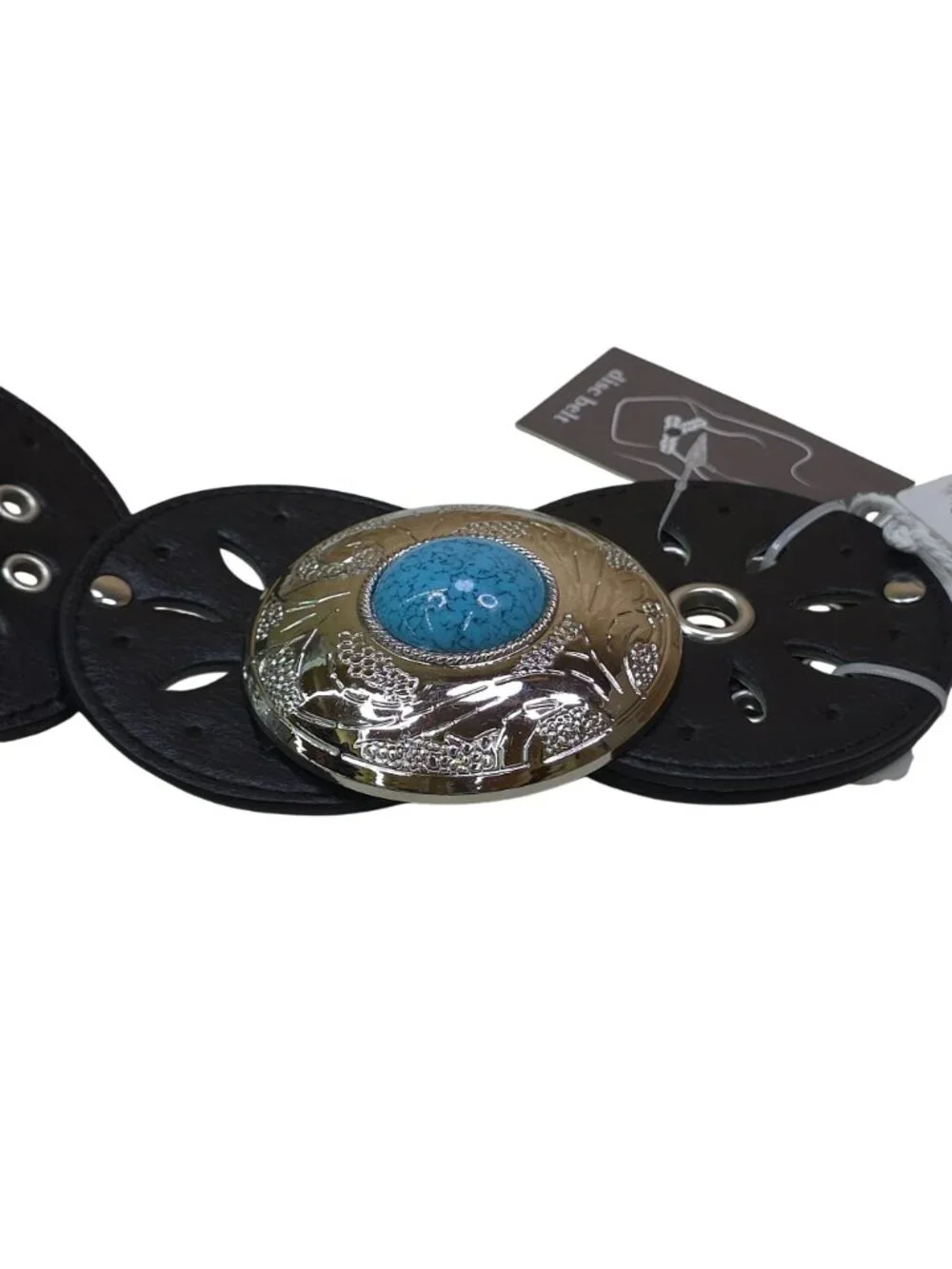 Haute Hippie Black Faux Leather Disc Belt With Silver & Turquoise Buckle Accent